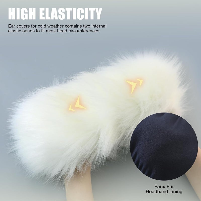 RANOME Faux Fur Headband for Women Elastic Fuzzy Thick Earmuffs Winter Headwrap Ear Muffs Furry Ear Warmers Cold Weather (White 1) - Image 3